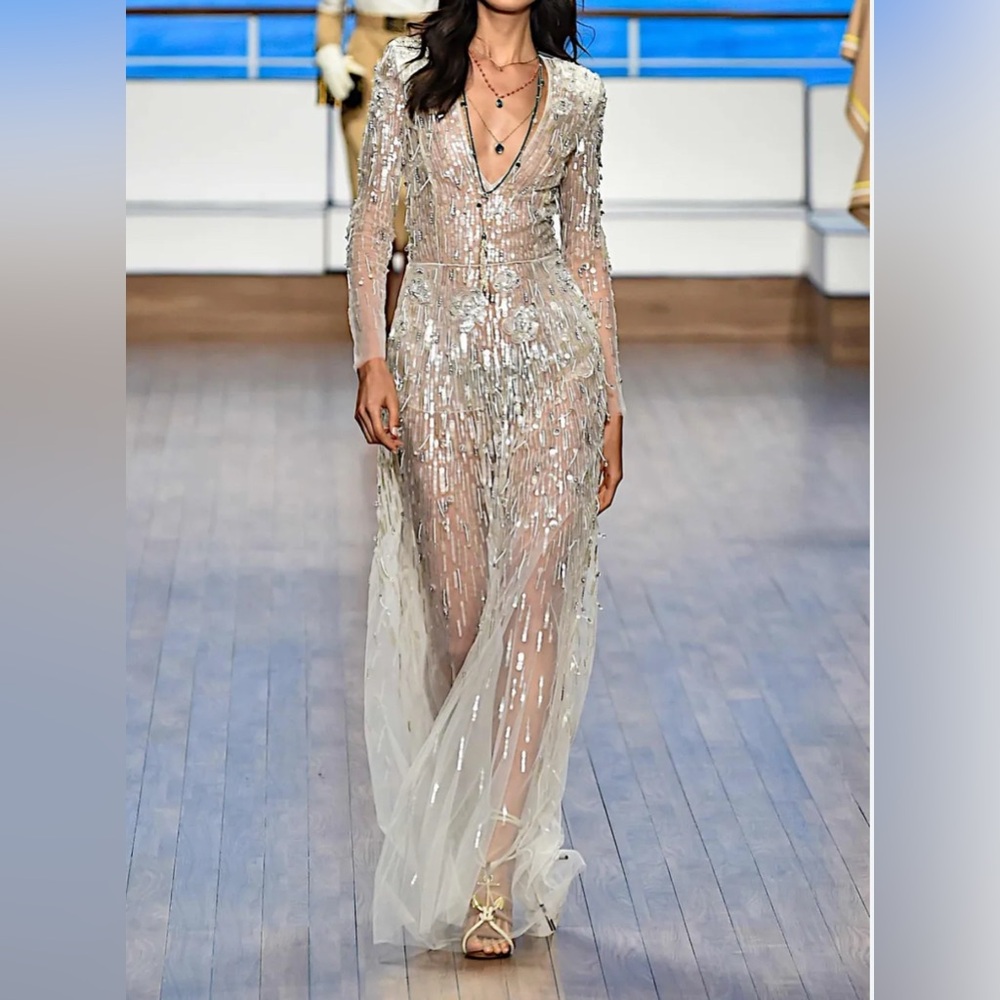 Elisabetta Franchi Sheer Beaded Long-Sleeve Evening Gown